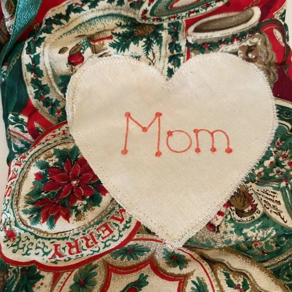 Handmade fabric Christmas stockings  novelty prints applique Mom Dad hearts lace